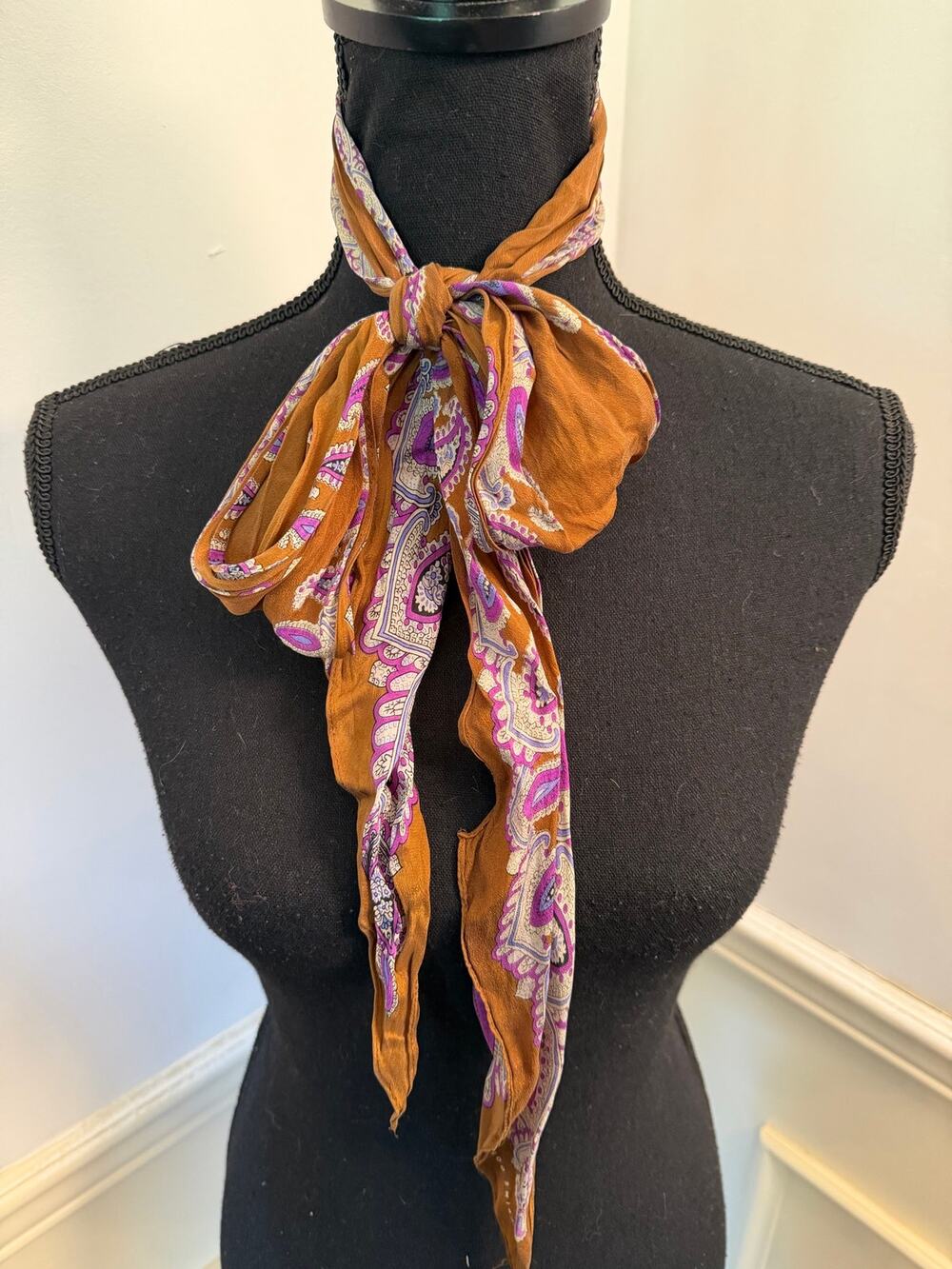 Vintage Elaine Gold 100% Silk Paisley Scarf Brown & Purple Boho Neck Wrap Preppy